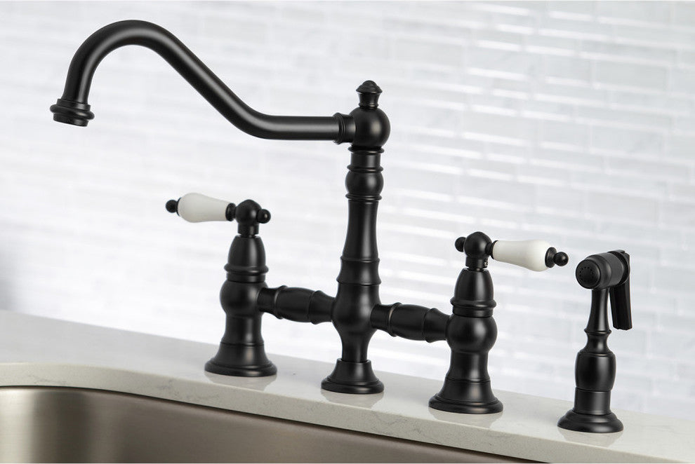Kingston Brass Bridge Kitchen Faucet With Sprayer, Matte Black