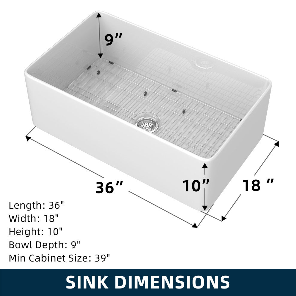 White Ceramic Single Bowl Farmhouse Apron Kitchen Sink with Sink Grid, 36"18"