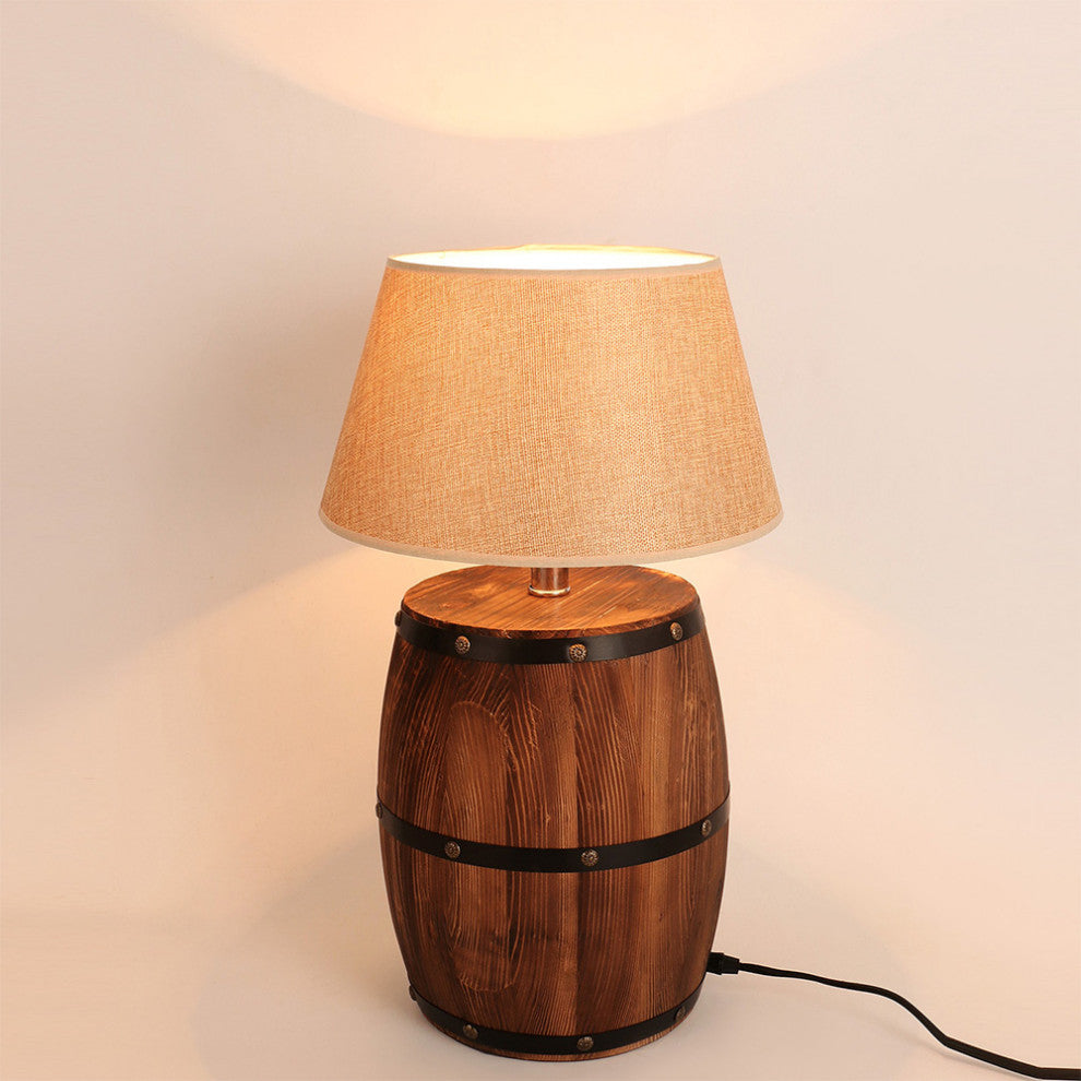 Industrial Wood Wine Barrel LED Table Lamp For Bedroom, Bar