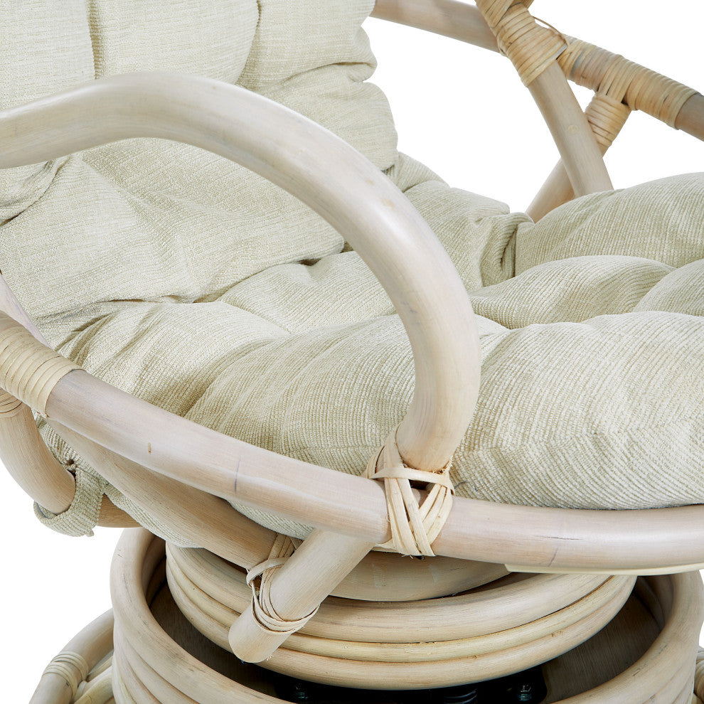 Lanai Rattan Swivel Rocker Chair, Linen Fabric With White Wash Frame