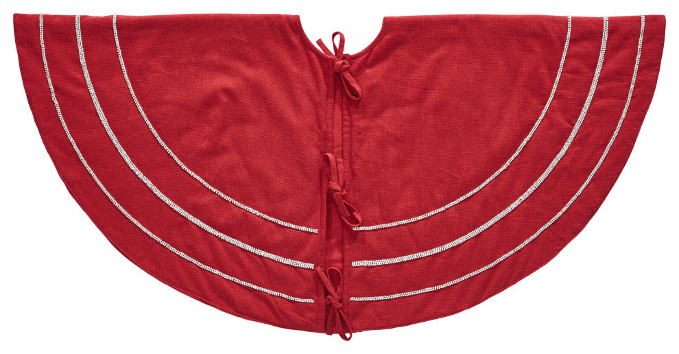Concentric Nailhead Circles Christmas Tree Skirt in Red Linen - 60"