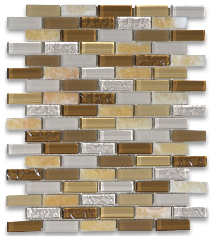 Glass Mosaic Tile Beige Brown White Crackled Yellow Honey Onyx Accent, 1 sheet
