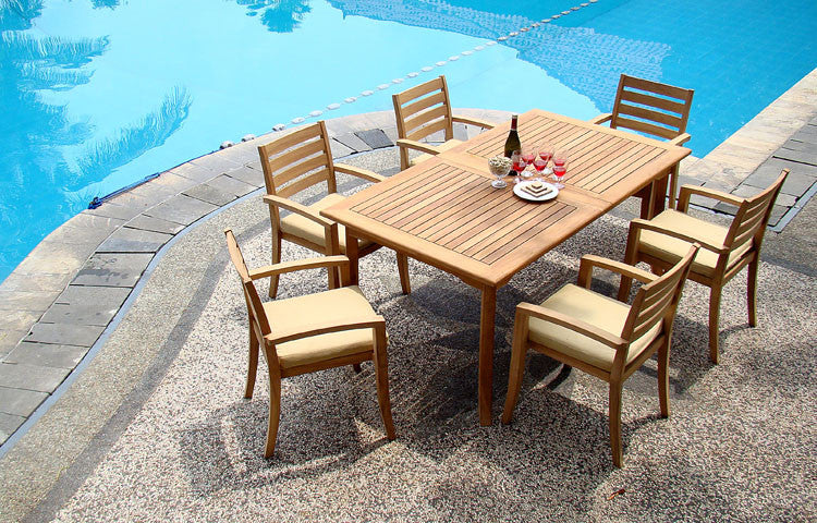 7-Piece Outdoor Teak Dining Set: 94" Rectangle Table, 6 Trav Stacking Arm Chairs