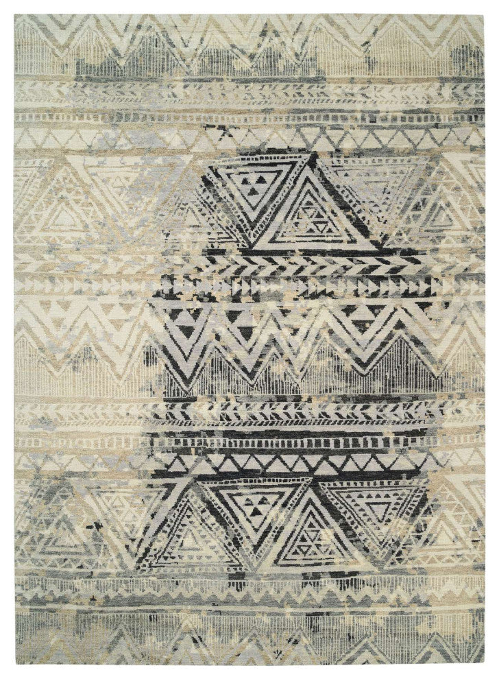 Gray, Erased Ethnic Geometric Design, Pure Wool Hand Knotted Rug, 9'9" x 13'10"