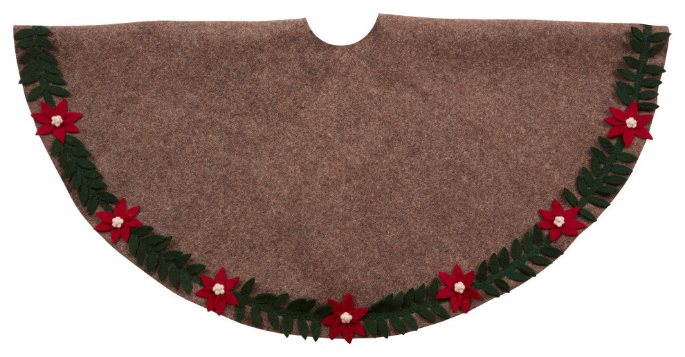 Handmade Felt Christmas Tree Skirt, Poinsettia Border on Gray, 60"