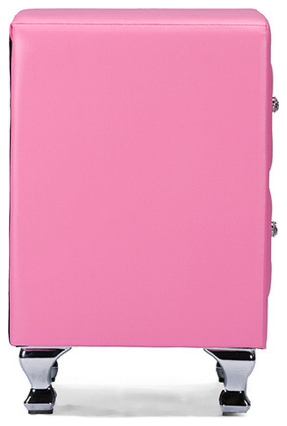 Urban Designs Stella Crystal Tufted Pink Leather Modern Nightstand