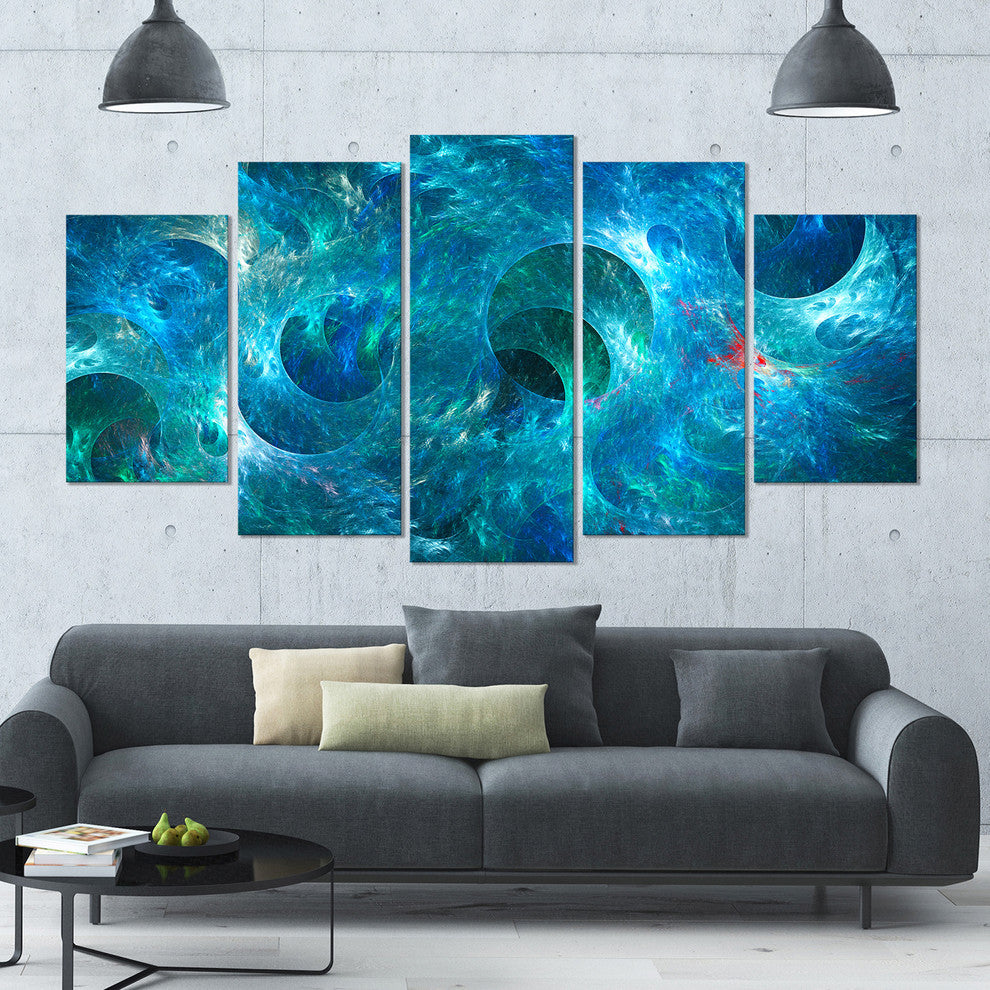 Blue Circles Fractal Texture, Contemporary Canvas Art Print, 60"x32", 5 Panels