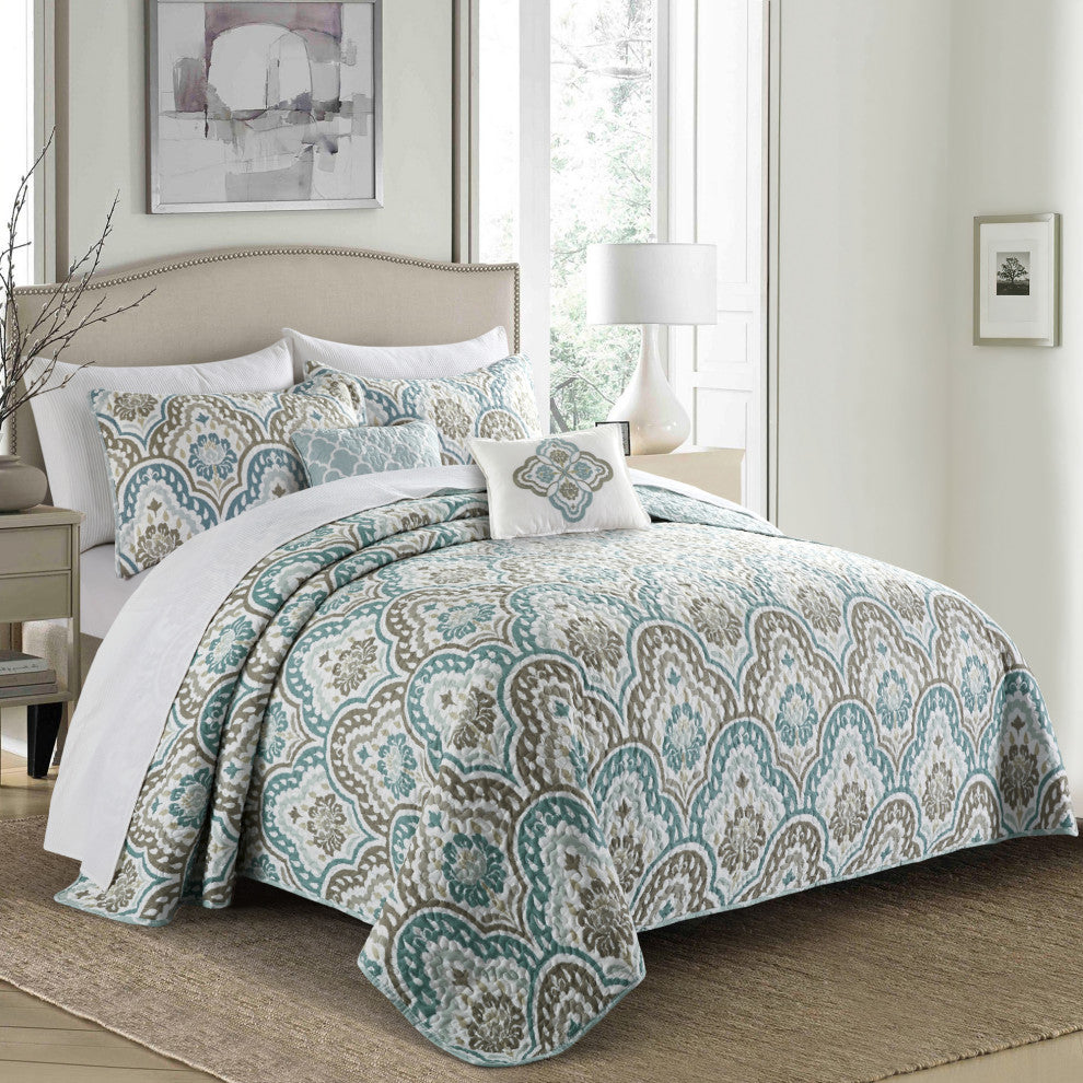 Tivoli Ikat Quilted 5 Piece Bed Spread Set, Teal Aqua, Floor Touching King