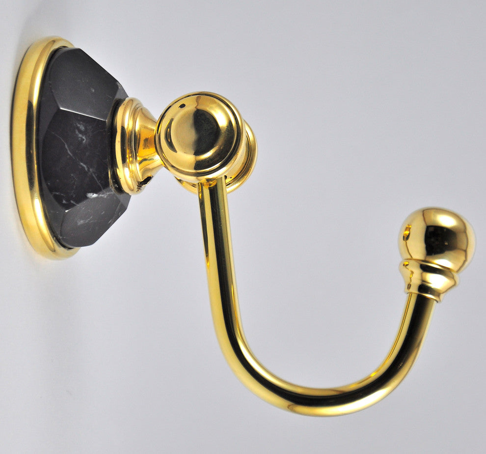 Robe Hook With Nero Marquina Marbel Accents, Polished Chrome