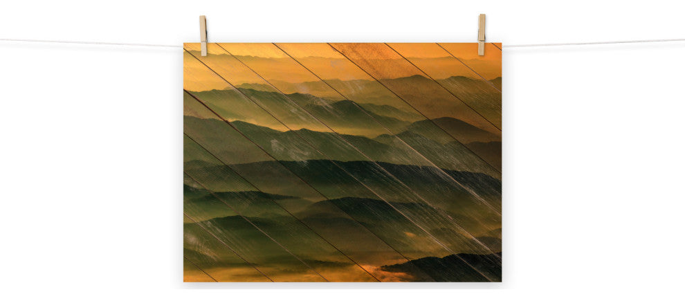 Faux Wood Foggy Mountain Layers at Sunset Landscape Unframed Wall Art Prints, 18" X 24"