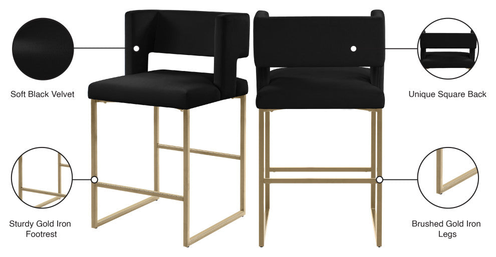 Caleb Upholstered Counter Stool, Set of 2, Black, Velvet, Brushed Gold
