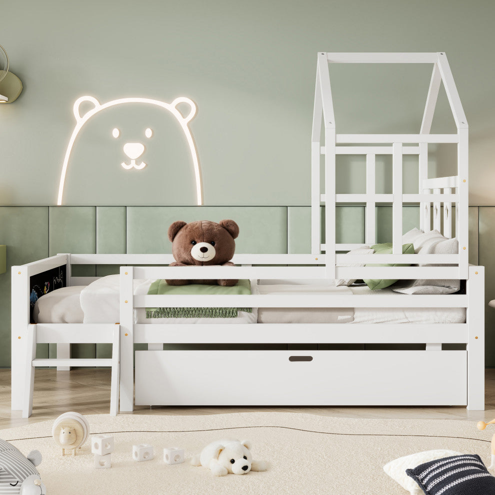 Gewnee Twin Size House Bed with Ladder and Storage Drawers for Kid Bedroom
