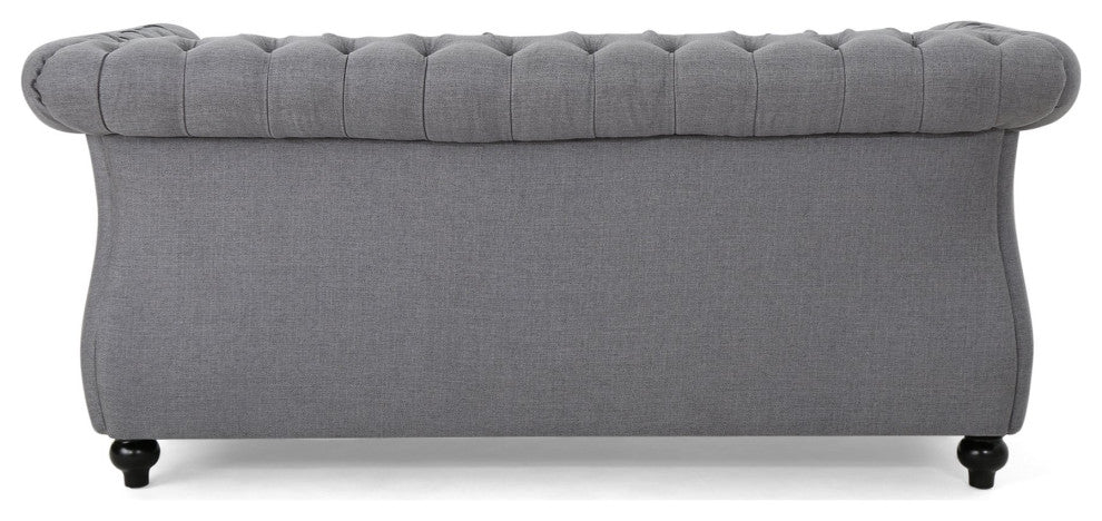 Chesterfield Loveseat, Birchwood Legs With Tufted Back & Rolled Arms, Dark Gray
