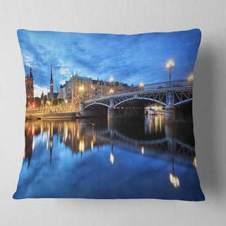 Illuminated Blue Stockholm Cityscape Throw Pillow, 18"x18"