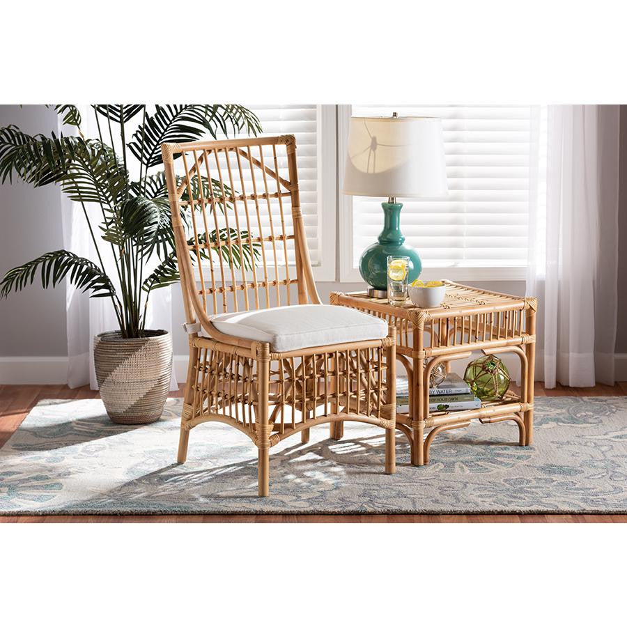 Modern Bohemian White Fabric Upholstered & Natural Brown Rattan Dining Chair