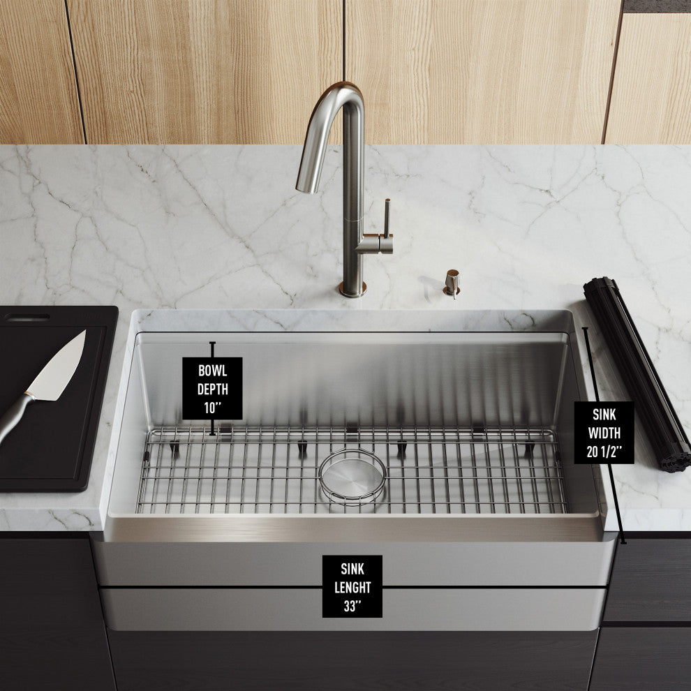 Oxford Single Bowl Flat Apron Farmhouse Kitchen Sink and Accessories, 33" L X 21" W