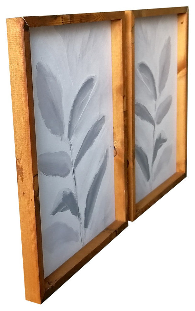 Set of Two Modern Blue Gray Leaves Framed Canvas Wall Art