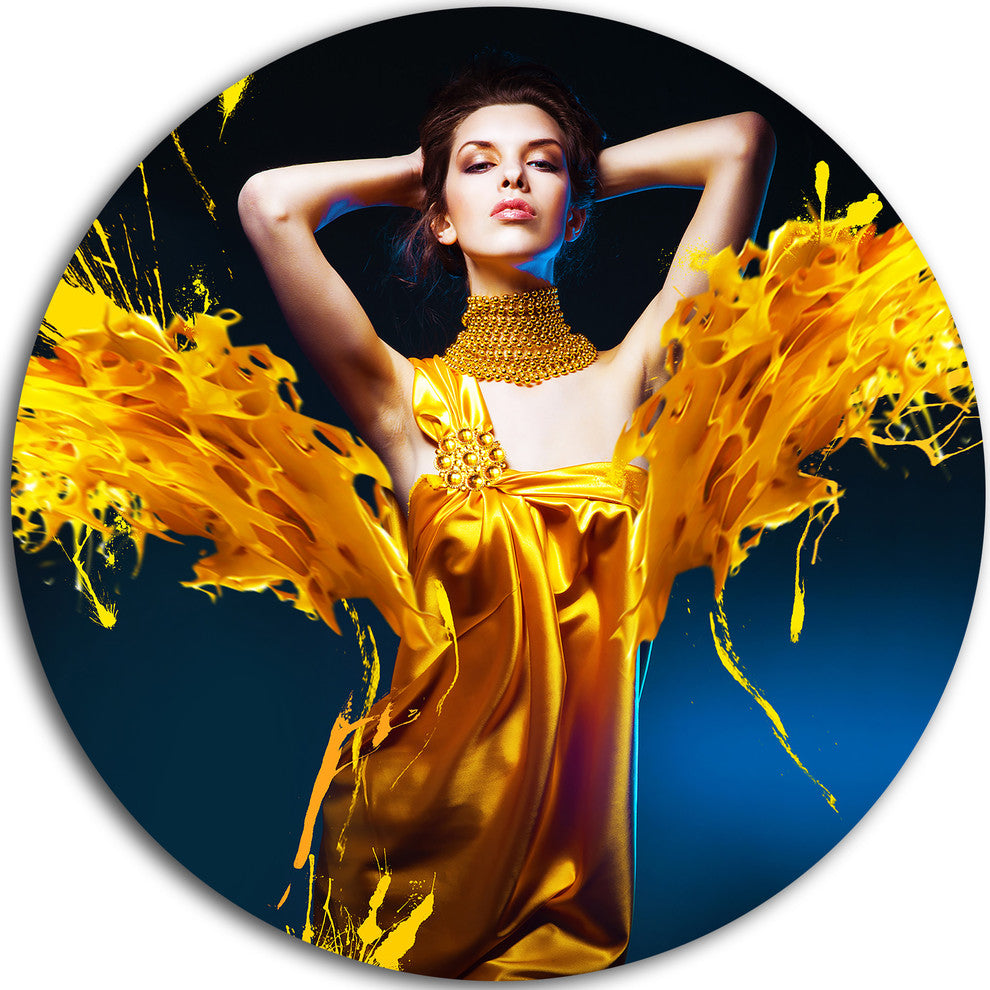 Woman In Yellow With Jewelry, Art Portrait Disc Metal Artwork, 11"