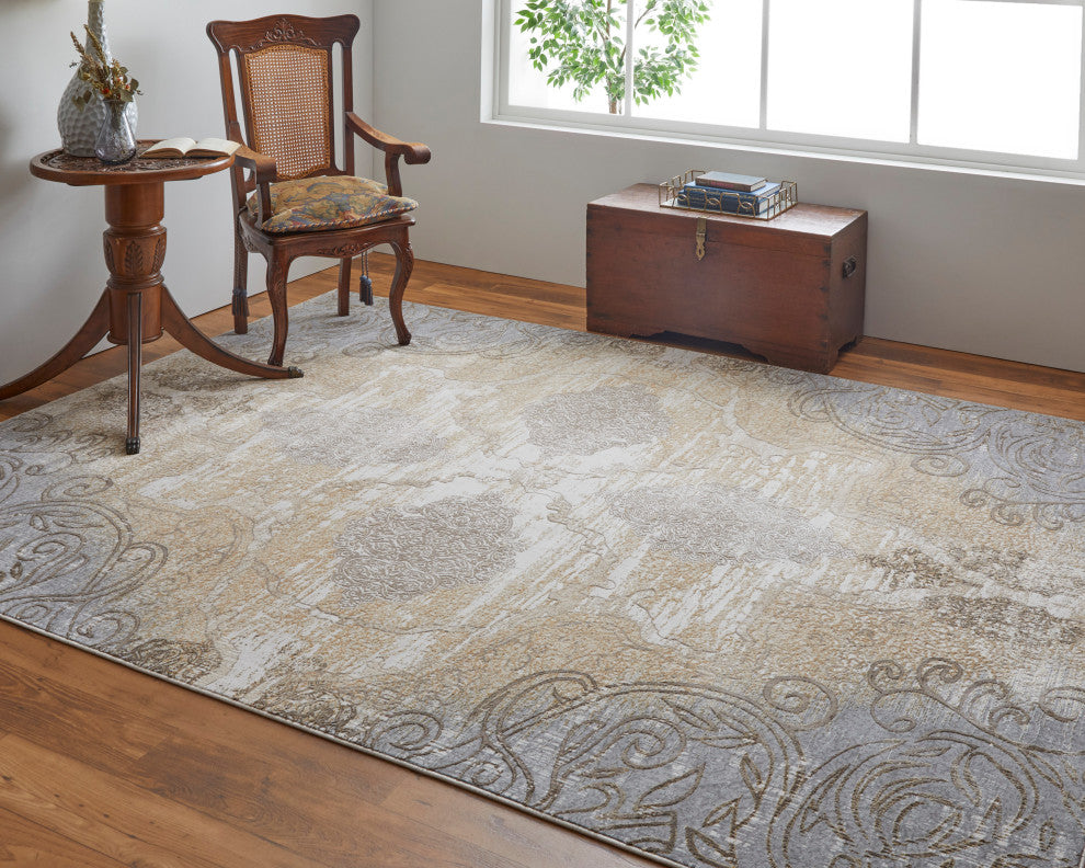Neoma Traditional Medallion, Silver/Tan/Gray, 3'9"x5'7" Accent Rug