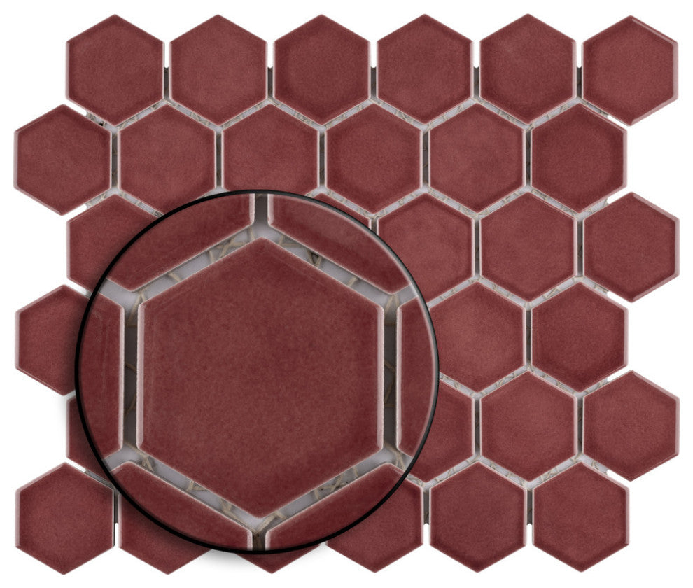Tribeca 2" Hex Porcelain Mosaic Floor and Wall Tile, Glossy Rusty Red