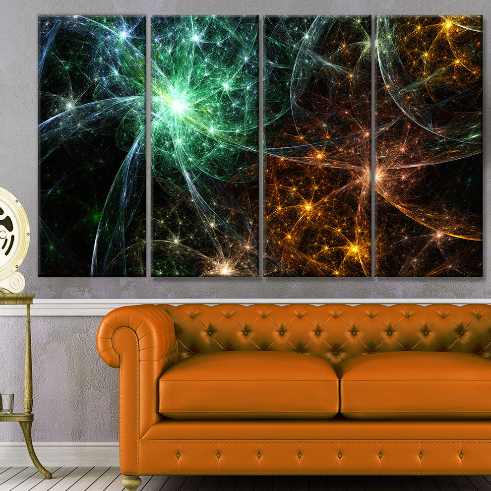 Green Orange Colorful Fireworks, Abstract Canvas Art Print, 48"x28", 4 Panels
