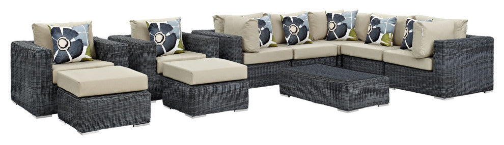 Modway Summon 10 Piece Outdoor Patio Sunbrella Sectional Set, Antique Beige