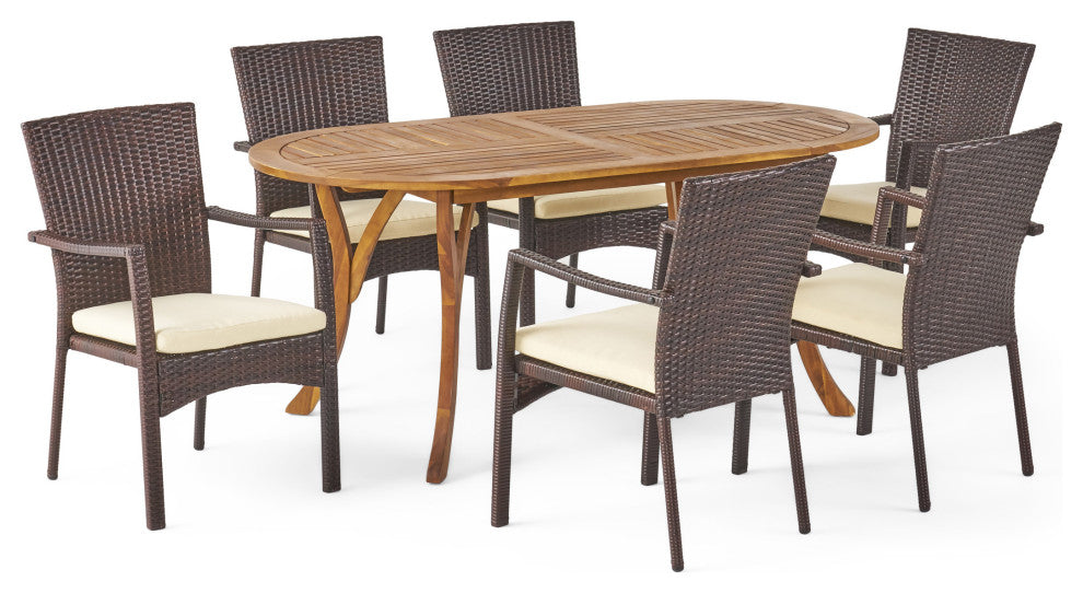 GDF Studio 7-Piece Polk Outdoor Acacia Wood and Wicker Dining Set, Teak/Brown