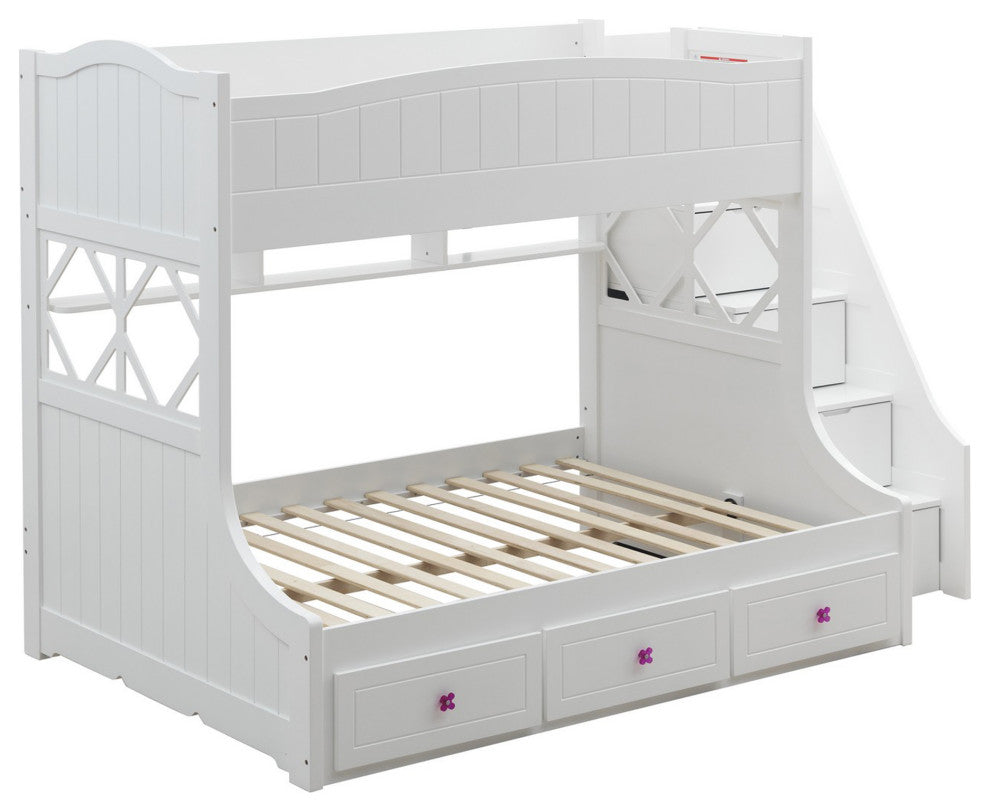 Benzara BM235366 Wooden Twin Over Full Bunk Bed With 3 Drawers, White