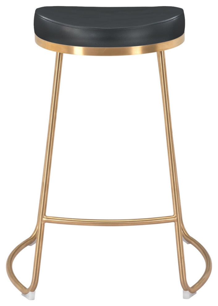 Counter Stool Chair, Set of 2, Faux Vinyl Leather, Steel, Black, Gold, Cafe