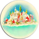 Santorini Panoramic View, Cityscape Watercolor Round Metal Artwork, 11"