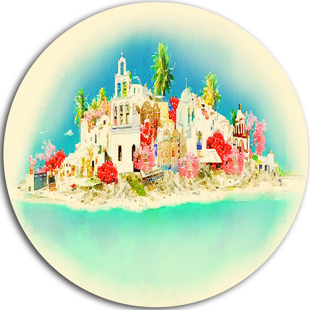 Santorini Panoramic View, Cityscape Watercolor Round Metal Artwork, 11"