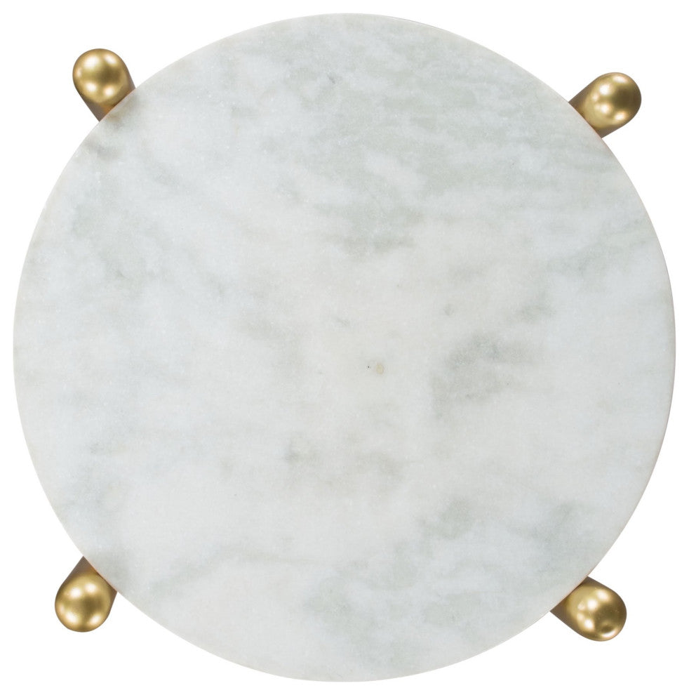 Sofa Side Table, Round, Artificial Marble, Steel Metal, White, Brown, Gold