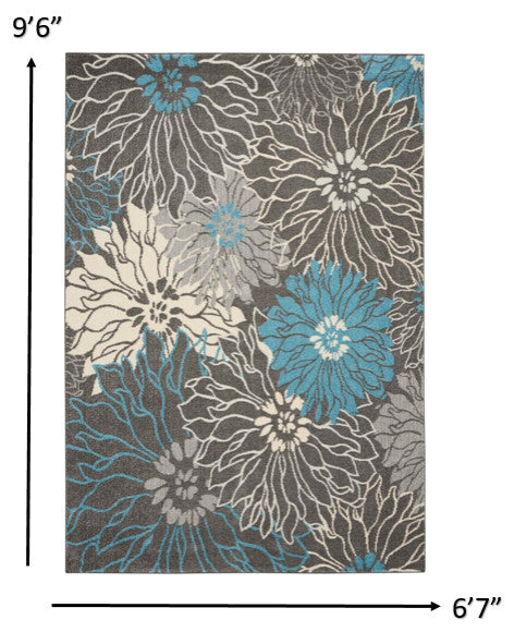7 x 10 Charcoal and Blue Big Flower Area Rug