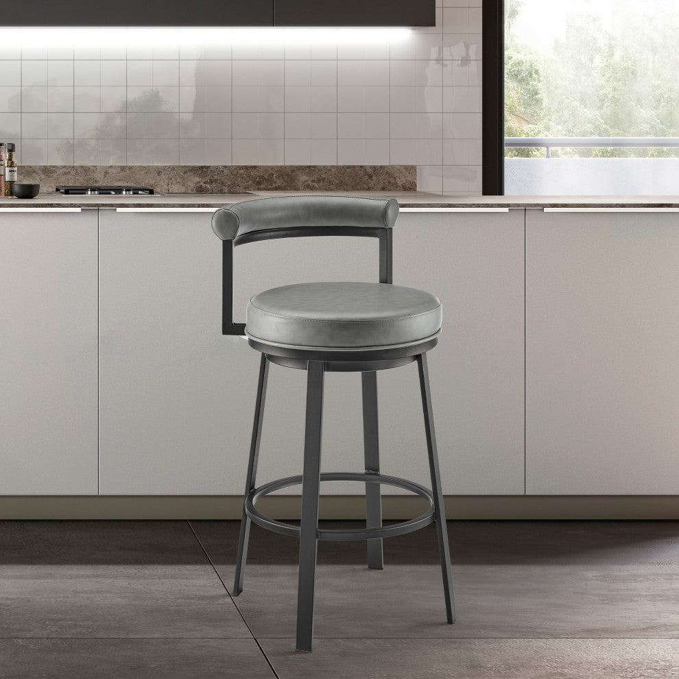 Neura Swivel Counter or Bar Stool in Black Finish with Grey Faux Leather