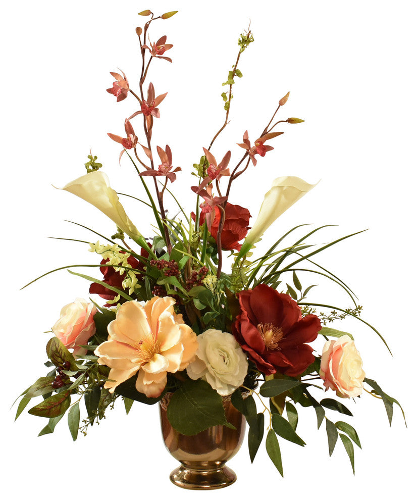 Magnolia, Rose and Orchid Silk Flower Arrangement