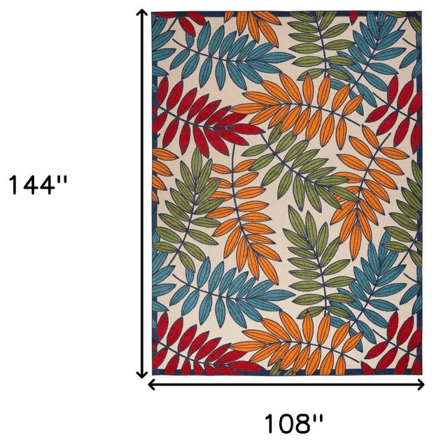 9' X 12' Beige Green And Orange Floral Non Skid Indoor Outdoor Area Rug