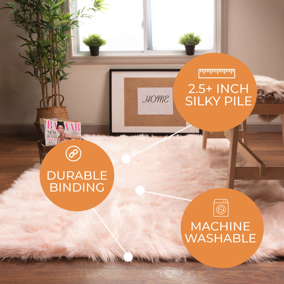 Plush and Soft Faux Sheepskin Fur Shag Area Rug, Dusty Rose, 5' X 7'