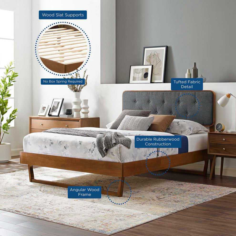 Platform Bed Frame, Full Size, Wood, Brown Walnut Grey Gray, Modern Contemporary