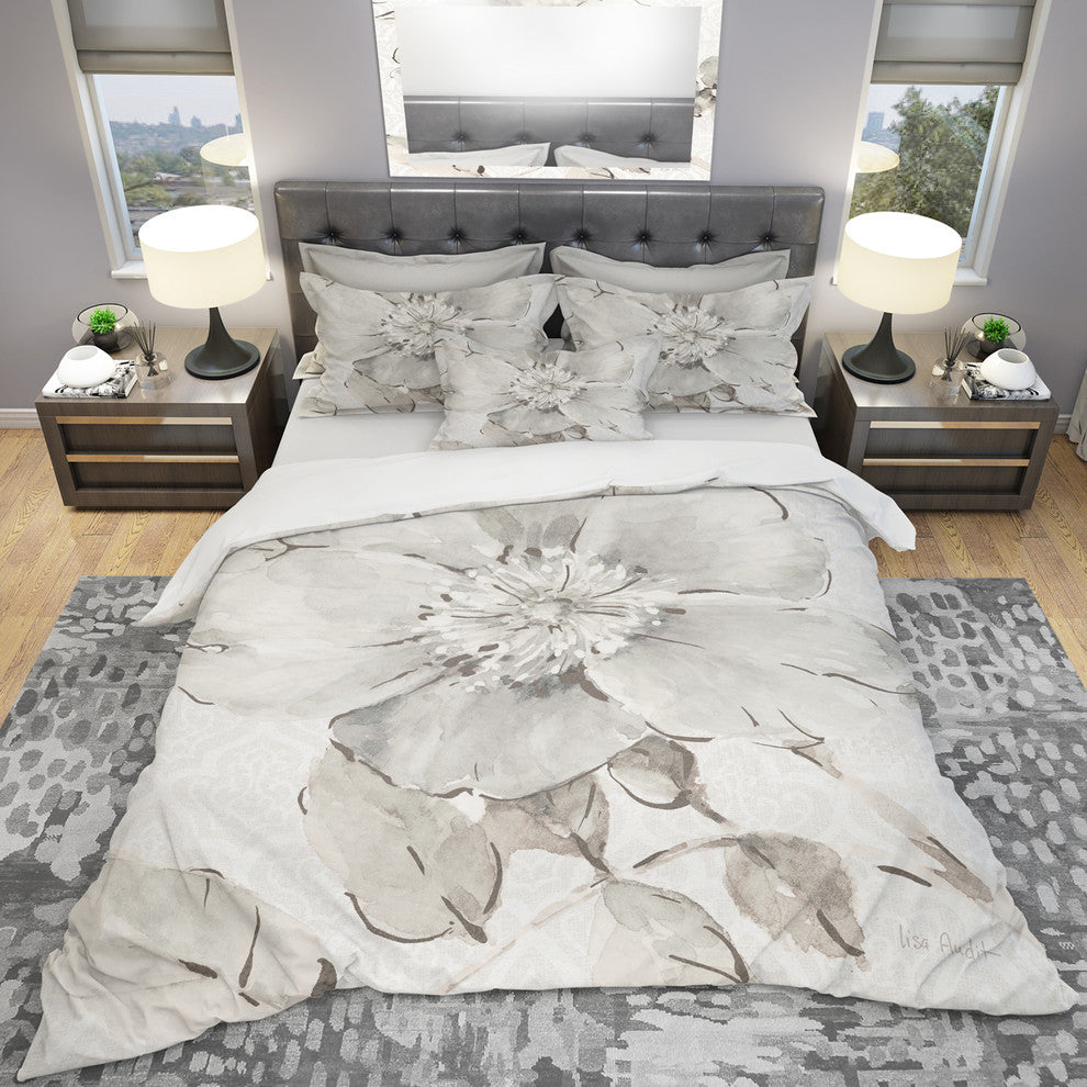 indigold Gray Peonies Ii Cottage Duvet Cover Set, Twin