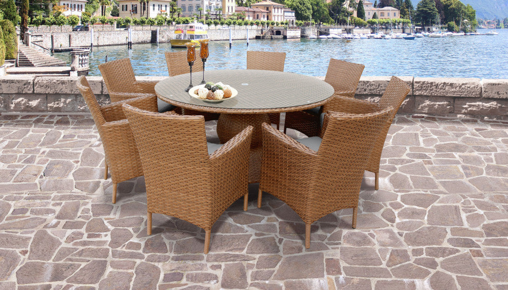Laguna 60" Patio Dining Table With 8 Chairs With Arms, Gray
