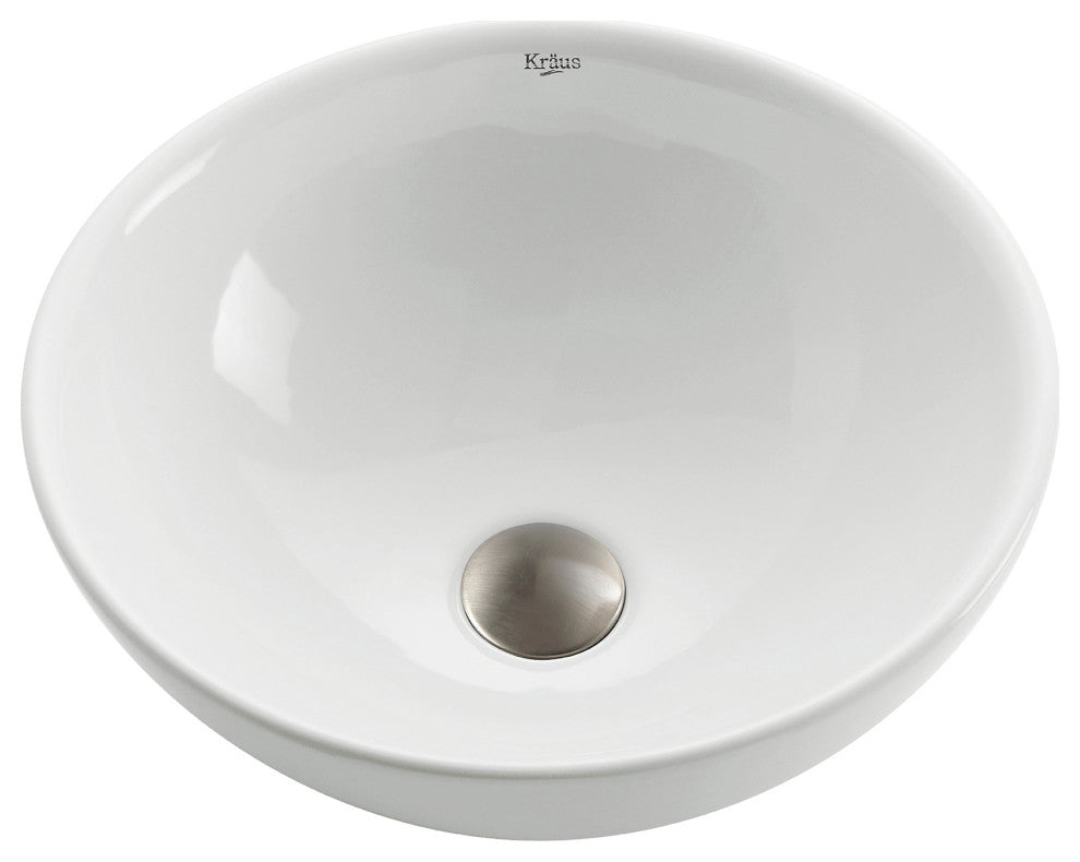 Elavo Ceramic Round Vessel White Sink, PU Drain Satin Nickel