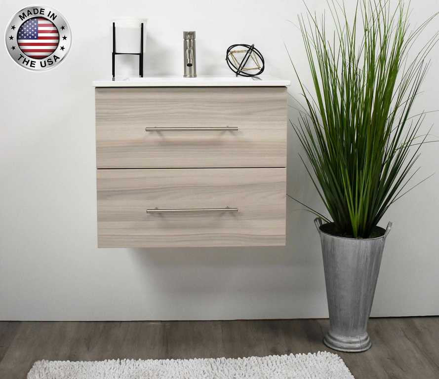 Napa 30" Modern Floating Bathroom Vanity With Ceramic Top and Round Handles, Ash Gray