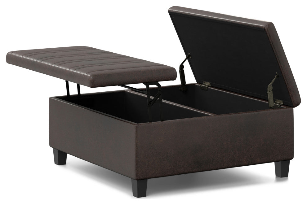 Ellis Coffee Table Storage Ottoman, Distressed Brown Vegan Faux Leather