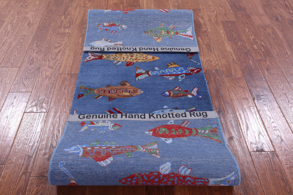 Runner Gabbeh Fish Design Handmade Wool Rug 2' 7" X 8' 0" - Q15518