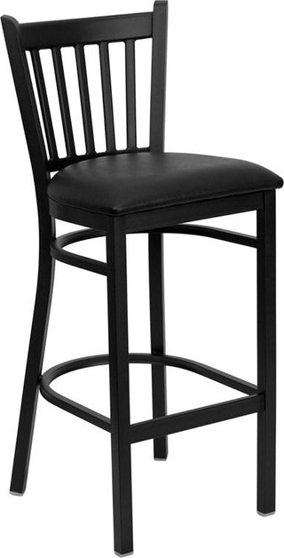 Black Vertical Back Metal Restaurant Barstool, Black Vinyl Seat