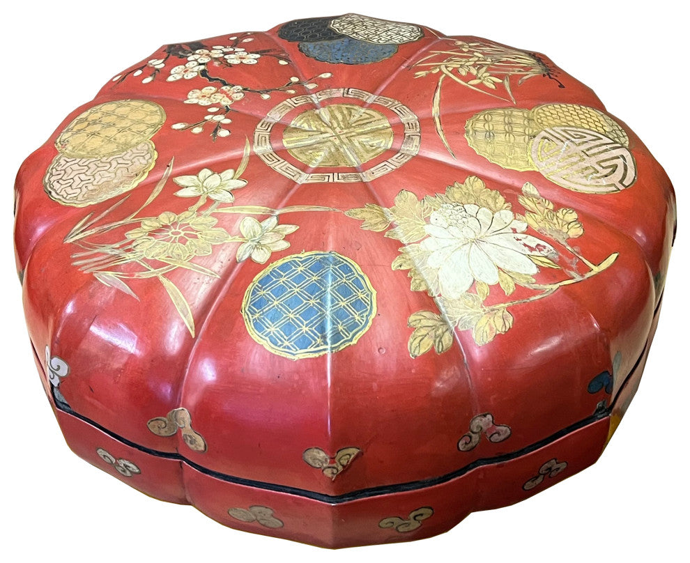 Vintage Distressed Pink Red Lacquer Round Box, Porcelain Plates, Hws2253