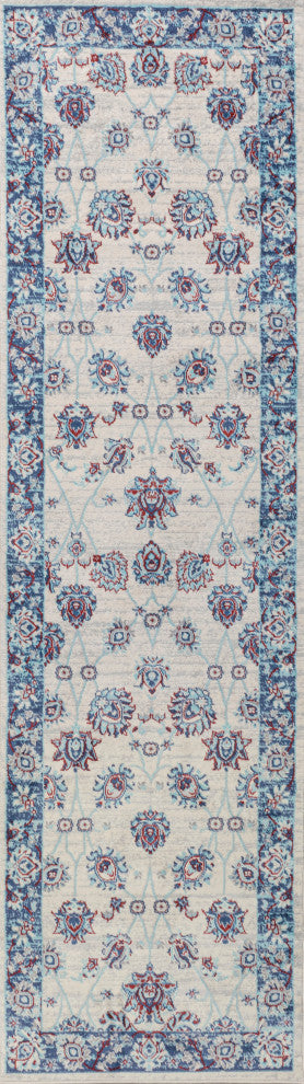 Modern Persian Vintage Moroccan Traditional Cream/Navy 2'x8' Runner Rug