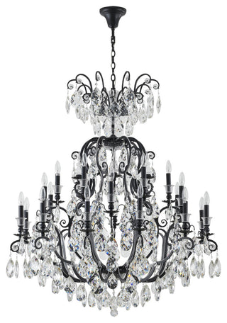 24-Light Matte Black Chandelier With Clear Hanging Crystals