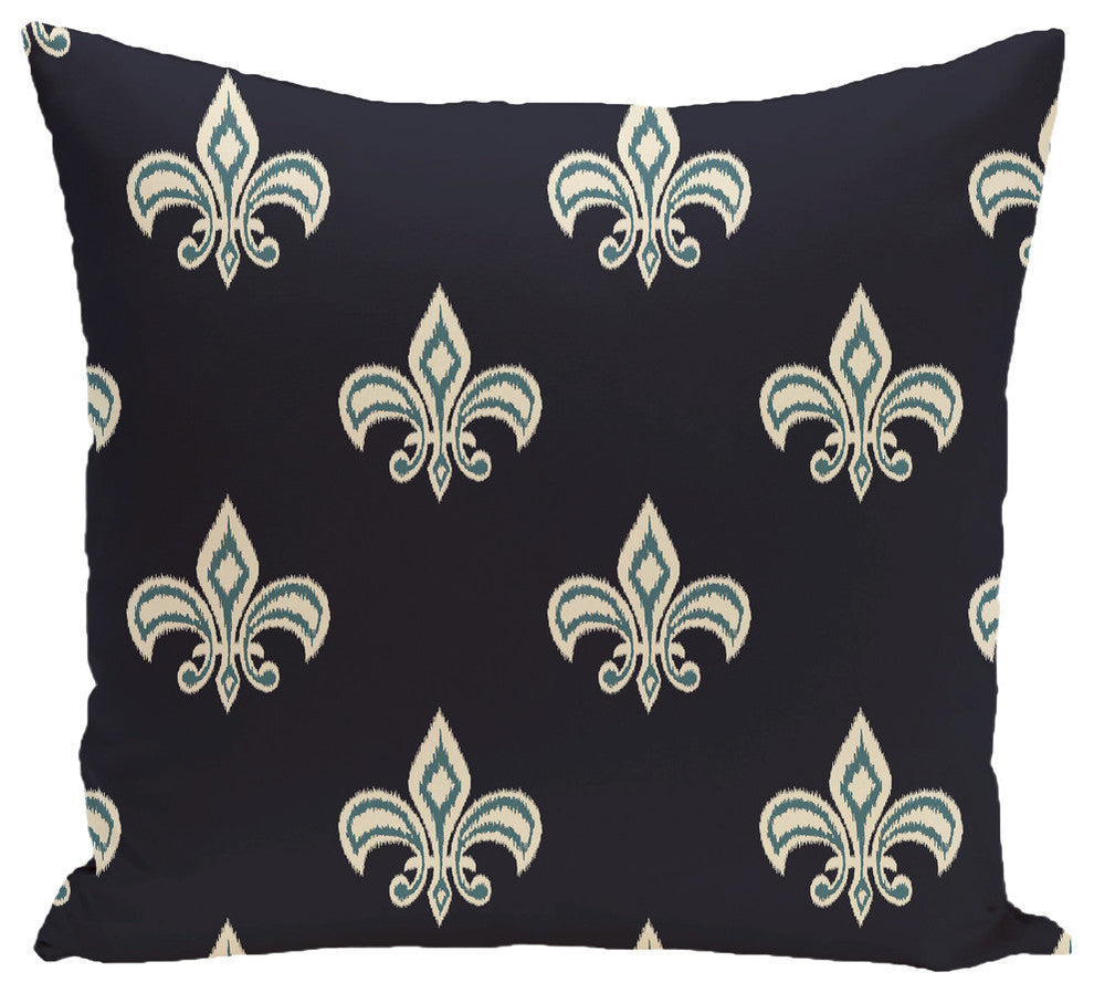Fleur De Lis Ikat Print Pillow, Navy Blue, 26"x26"