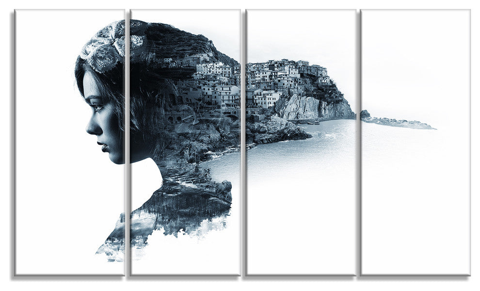 Woman Portrait Double Exposure, Portrait Canvas Art Print, 48"x28", 4 Panels